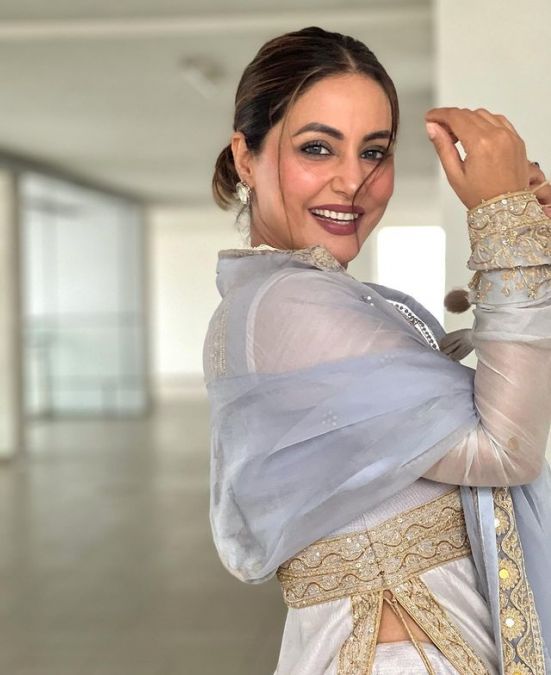 Hina Khan injuring fans in a grey Sharara suit with her killer acts