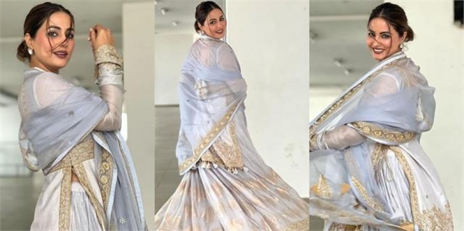 Hina Khan injuring fans in a grey Sharara suit with her killer acts
