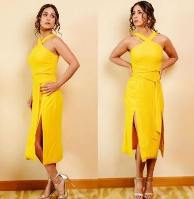 Hina Khan once again showed off her sexy figure in a yellow dress