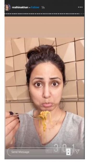 Hina Khan shares a photo while eating noodles