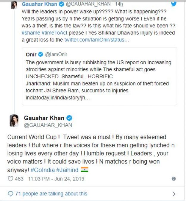 Actress Gauhar Khan, who was agitated over Jharkhand Mob Lynching, said: 'Shikhar Dhawan's injury...'