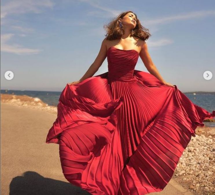 Cannes 2022: Hina Khan in an off-shoulder red gown near the French Riviera