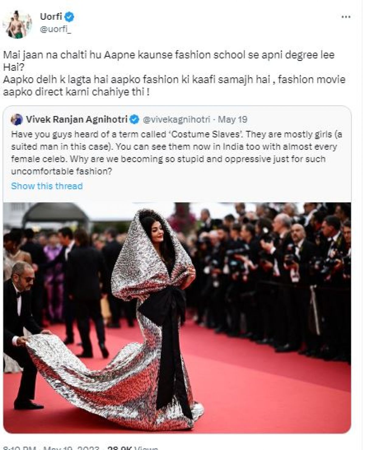 Vivek Agnihotri raises questions on Aishwarya Rai's 'costume', Urfi Javed said, 'Which fashion school did you come from...'