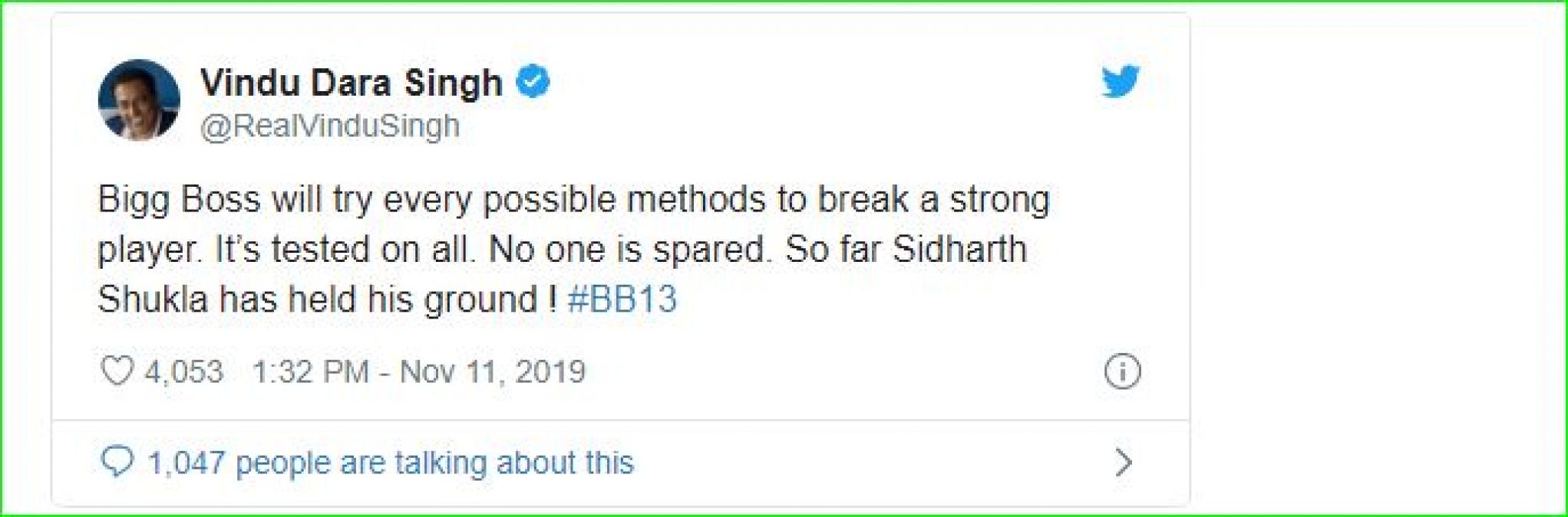 Bigg Boss 3 winner Vindu Dara Singh came in support of Siddharth Shukla, tweeted this