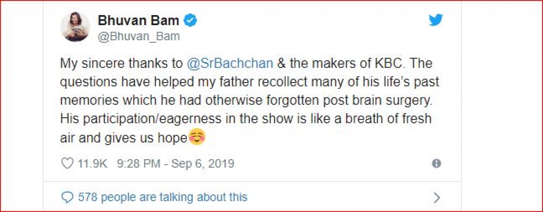 केबीसी के कारण वापस आई यूट्यूब स्टार भुवम बाम के पिता की याददाश्त, कहा शुक्रिया