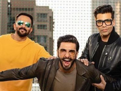 Simmba promotional poster: Ranveer Singh strikes a pose with Karan Johar and Rohit Shetty