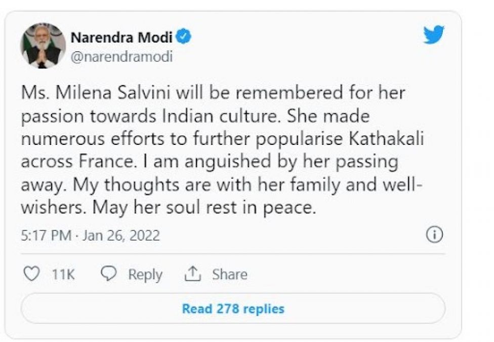 PM Modi expresses grief as Padma Shri awardee Milina Salvini passes away.