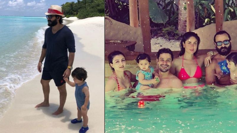 Taimur Ali Khan with family take a stroll on the beach in Maldives
