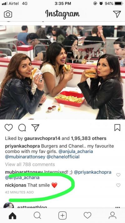 Nick expresses love on Priyanka's Instagram