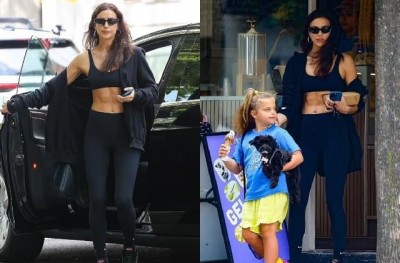Irina Shayk was seen spending quality time with her daughter after her gym session, flaunting her toned abs in a black sports bra