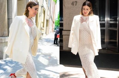 Mandy Moore spotted on the streets of New York in an off-white maxi dress, flaunted her baby bump in front of the camera