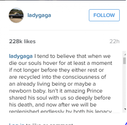 Instagram Tribute to Late Prince by Lady Gaga