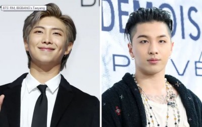 BTS’ RM and BIGBANG’s Taeyang pose for photos as the two hung out together at an event