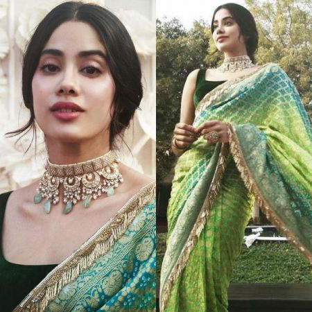 See pics- Janhvi Kapoor looks royal in a green bandhani saree for Isha Ambani's pre-wedding festivities