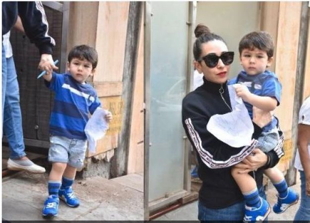 Taimur was seen accompanied by his aunt Karisma Kapoor.