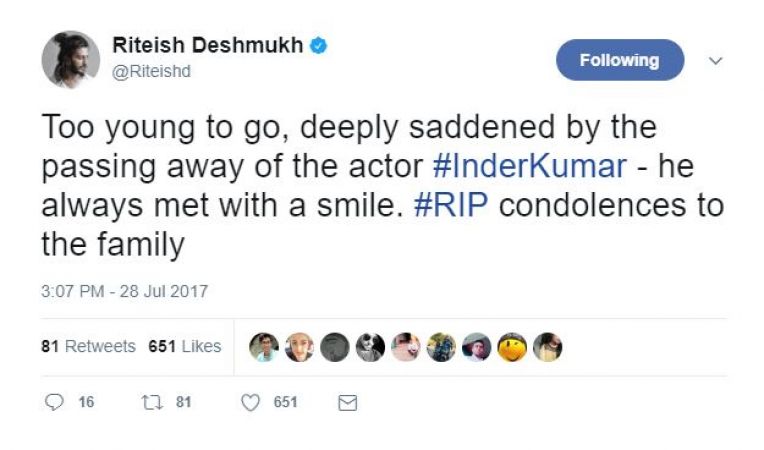 Bollywood shows its mourn over actor Inder Kumar's sudden demise