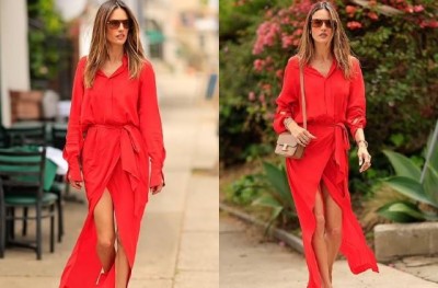 Alessandra Ambrosio was spotted on the streets of Los Angeles, the actress looked very stylish in a thigh slit red dress