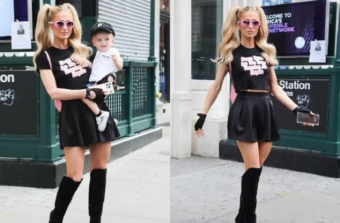 Paris Hilton was spotted in New York with her son in her lap, the 43 year old actress looked very stylish in a mini skirt and high shoes