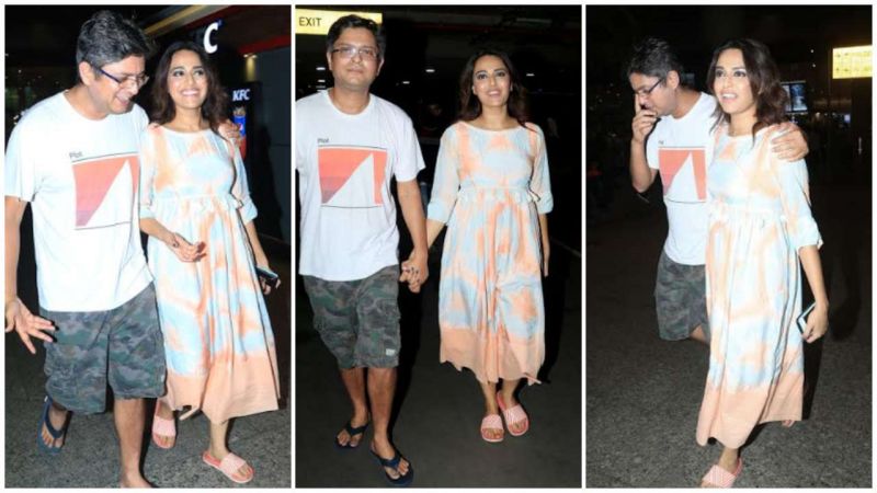 Swara and her boyfriend were speckled walking hand in hand at Mumbai airport