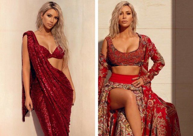 Kim Kardashian looks stunning in red saree design by Sabyasachi