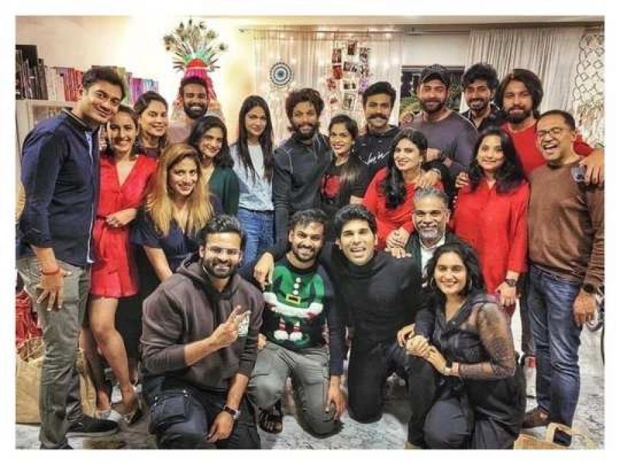 Ram Charan, Allu Arjun, Varun Tej and other mega family members pose for a fun family photo at a Christmas party
