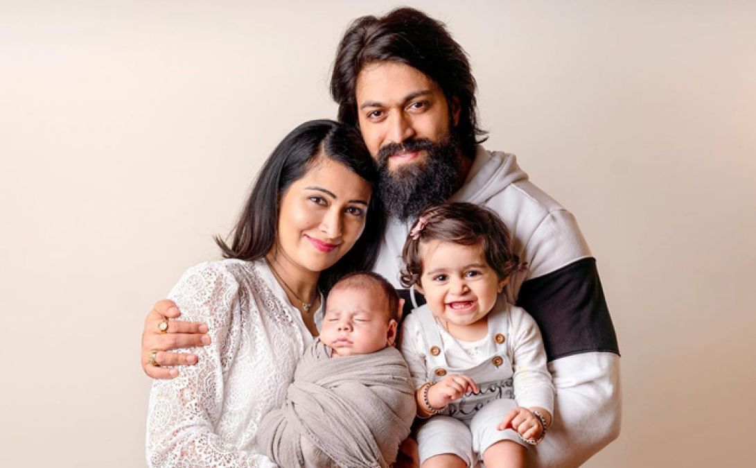 KGF star Yash posed for a family picture with wife Radhika Pandit and their two kid