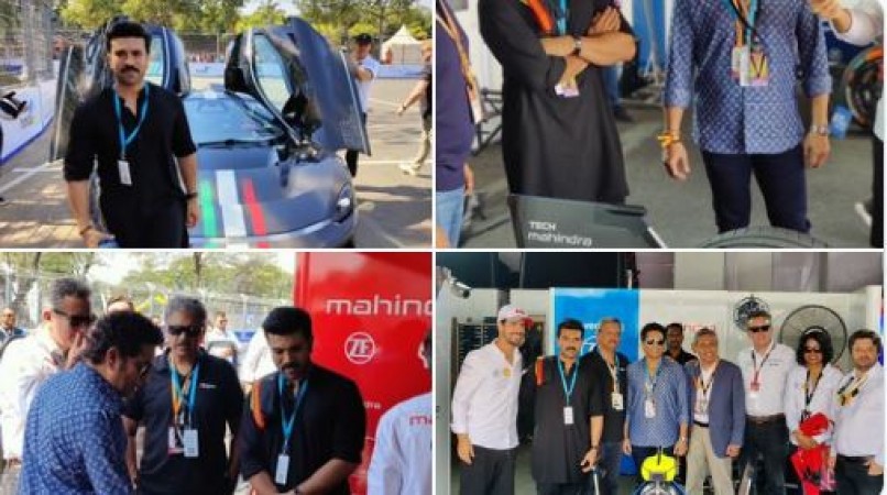 South Superstars attended Formula Race,  Ram Charan meets Sachin Tendulkar