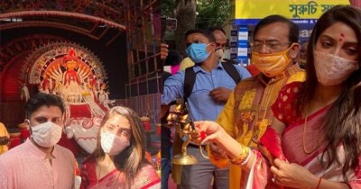 Nusrat Jahan celebrates Durga puja at Kolkata pandal, dances to the beats of Dhaks