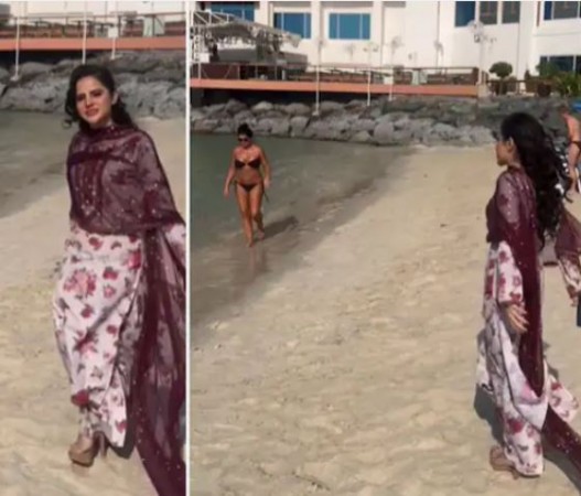 Watch, “Miracle Miracle…”,  Netizein shocked as Urfi Javed wore salwar suit at Dubai Beach