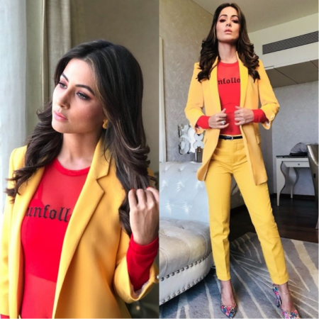 Hina Khan in a Yellow-Red suit for Summer 2018