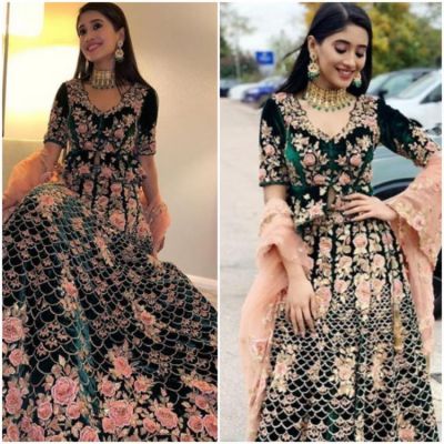 Shivangi Joshi looks gorgeous in an unconventional colour combination of green and peach for her lehenga
