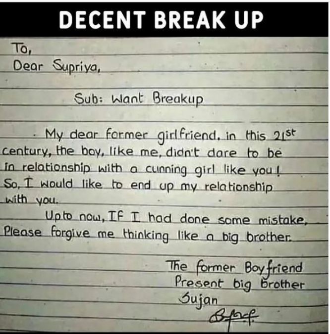 ब्रेकअप के बाद प्रेमिका के लिए प्रेमी ने लिखा खत, बोले- 'बड़ा भाई समझकर माफ कर दो'