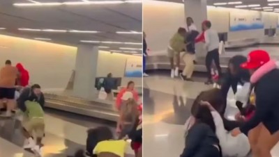 VIDEO! अचानक एयरपोर्ट पर भीड़ गए दर्जनों लोग, चले जमकर लात-घूंसे