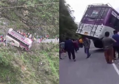 Bus in Himachal Pradesh hangs from cliff, brave driver rescues all