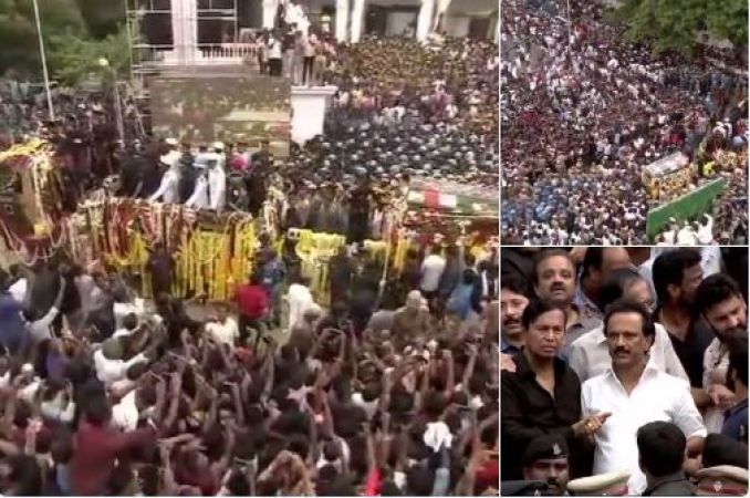 M Karunanidhi's funeral procession departs from Rajaji hall