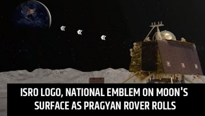 ISRO Logo and National Emblem on Moon's Surface as Pragyan Rover Rolls