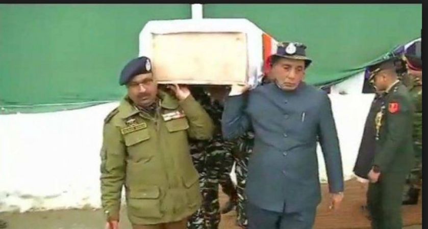Union Home Minister Rajnath Singh lent his shoulder to the mortal remains of a CRPF soldier