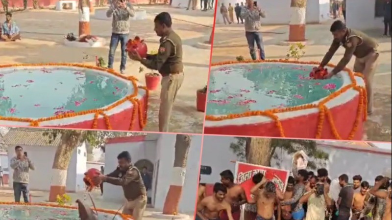 Holy water of Sangam reaches Unnao: Jail inmates take bath reciting chants of Har Har Mahadev