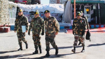 Lt Gen RP Kalita, GOC-in-C of the Indian Army's eastern command, reviews security along the Sino-Indian border in Sikkim