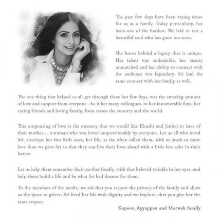 Sridevi's family release a letter; read it here