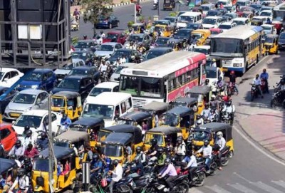 Long queues of buses and private cars are seen on the streets of Hyderabad.