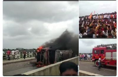 Watch :Maratha Kranti Morcha workers set a truck ablaze in Aurangabad
