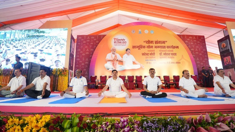 CM Mohan Yadav Doing Yoga During Program Held At Atal Path In Bhopal International Yoga Day