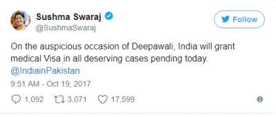 Sushma Swaraj on Diwali 2017 released medical Visas for Pakistanis