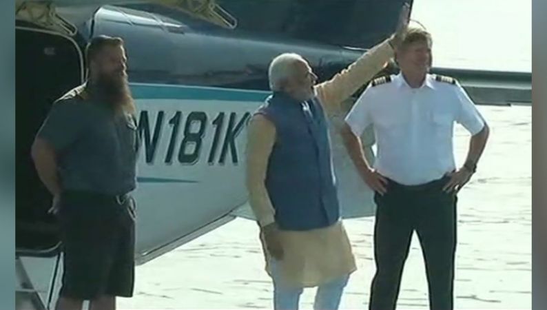 PM Modi reaches Dharoi Dam in sea-plane