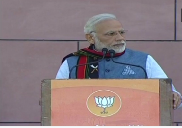 Prime Minister Narendra Modi pauses his address at BJP HQ for Azaan