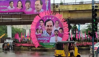The entire city turns pink with TRS banners, posters, flexes and huge cut-outs