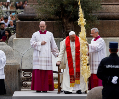 Pope Francis attends a service on Palm Sunday following a hospitalization