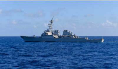 Following China's war games, an American warship transits the Taiwan Strait