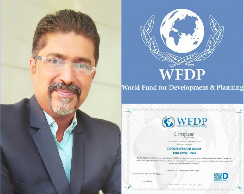 World Fund for Development Planning-WFDP having Special Consultative Status in United Nations ECOSOC roster appoints Dr.Dinesh Sabnis as a Peace Envoy to India.